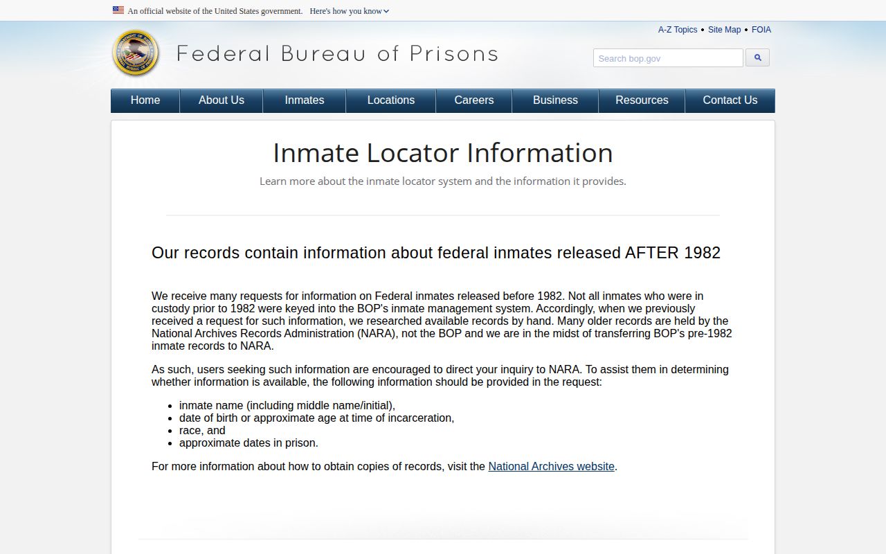 Federal Bureau of Prisons explanation of inmate locator records