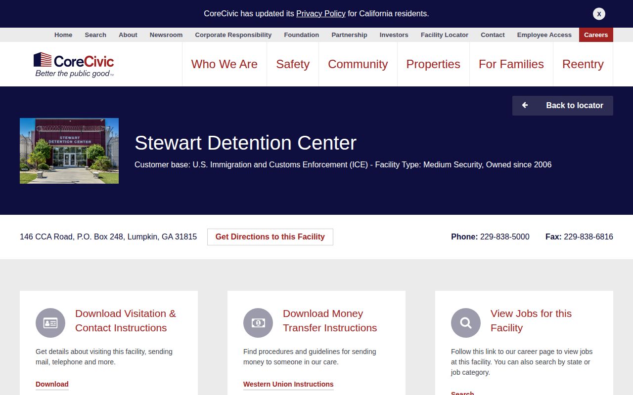 CoreCivic page for Stewart Detention Center in Lumpkin