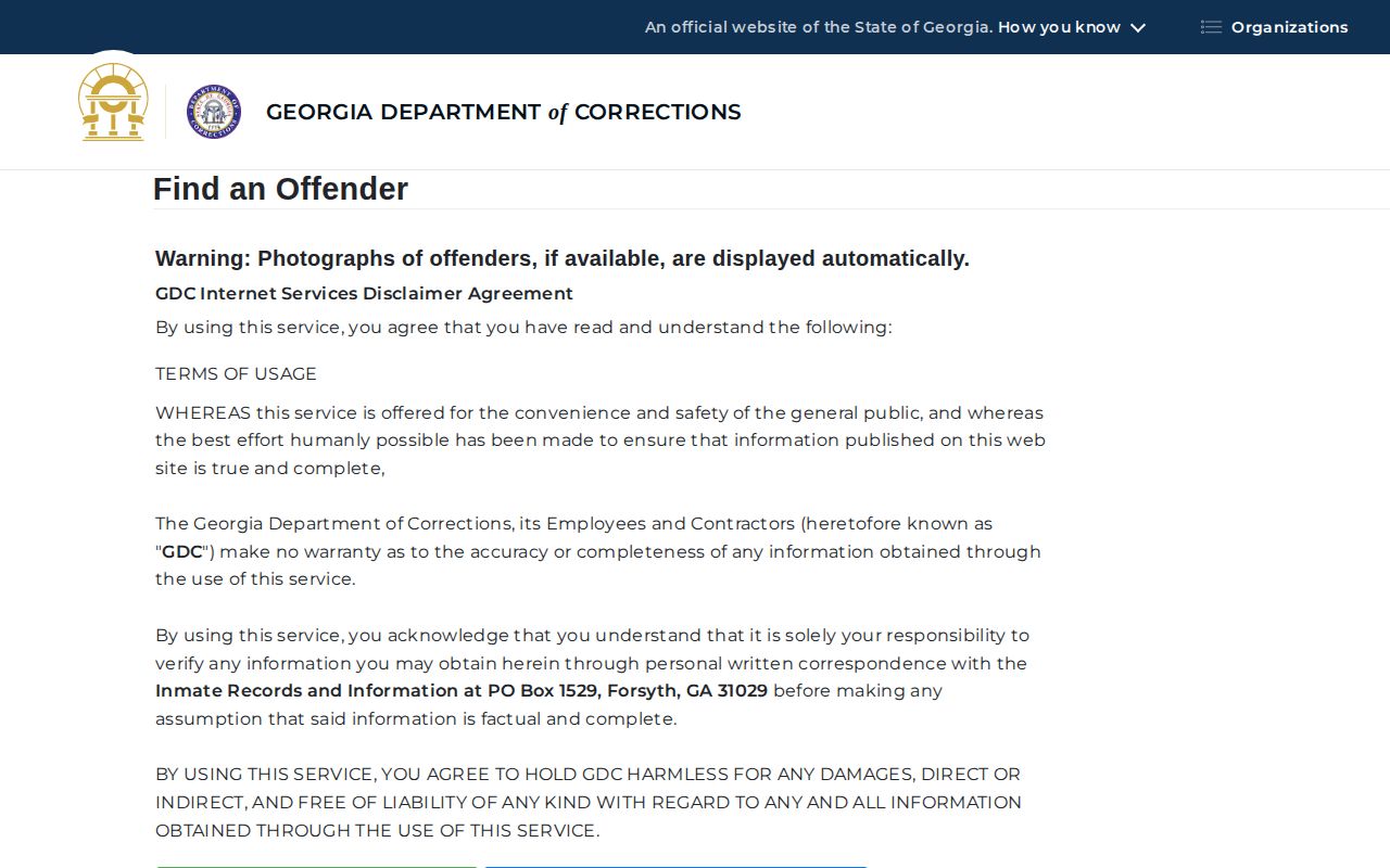 Georgia Department of Corrections direct offender search form