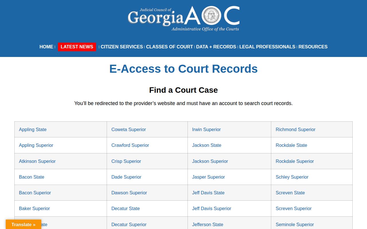 Georgia Courts E-Access directory listing for court records