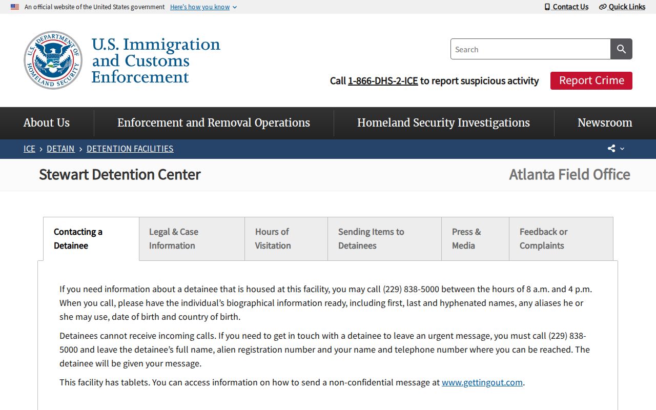 Official ICE page for Stewart Detention Center in Lumpkin Georgia