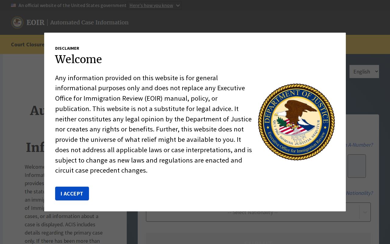 Immigration court case status service used with Stewart Detention Center release checks